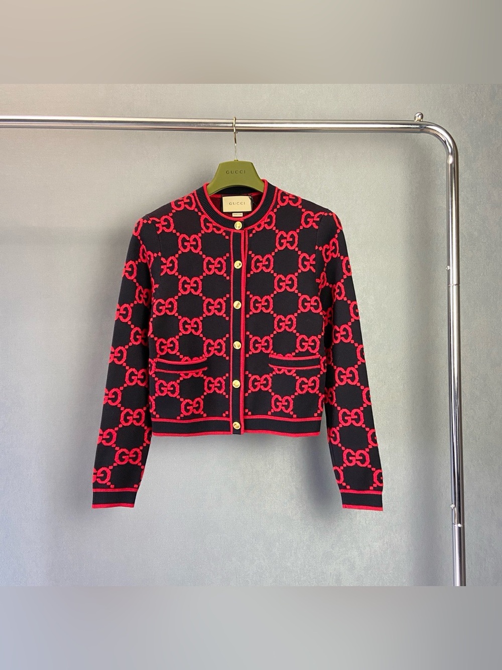 Gucci Black Red GG Monogram Jacquard Round‑Neck Knit Cardigan